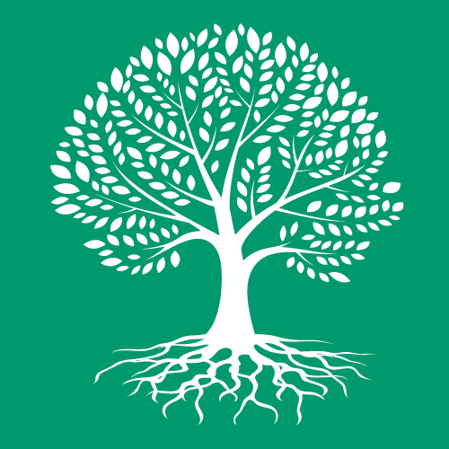 Green background with a simple white illustration of a tree.