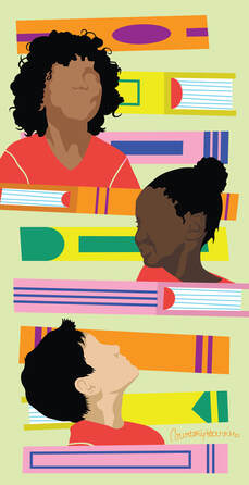 Illustration of three students from different races peaking out from a stack of books and looking in different directions. Each are wearing red while the books are pink, yellow, and orange.