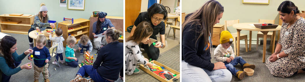 Three images in this section. First is a classroom full of four toddlers and four caregivers spaced out on the floor and at a table with various works. Second is a grandmother assisting her grandchild with a work inside of a wooden box. Last is a guide chatting with a caregiver on the ground while her child focuses on a work within a basket.