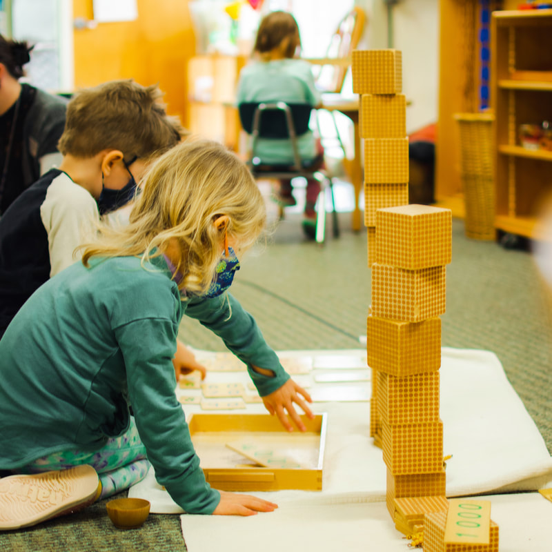 Two small children work with Montessori Math materials